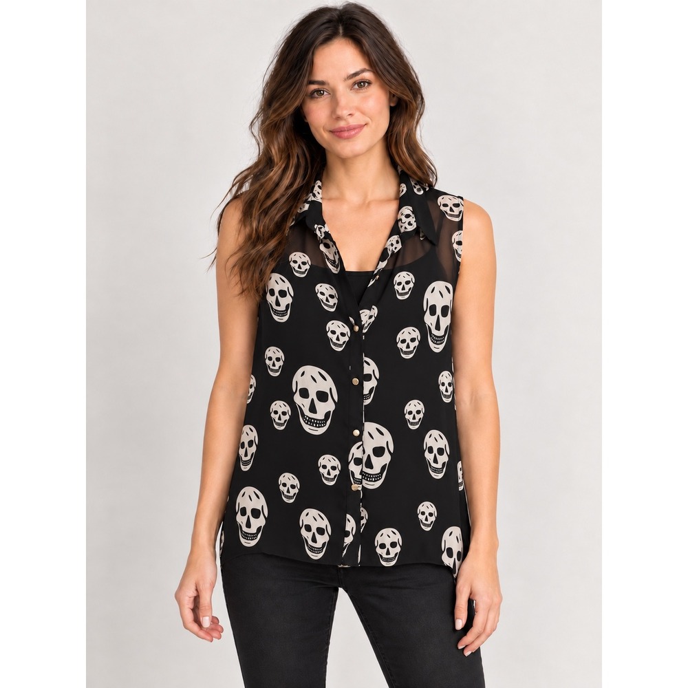 Swoon Womens Black Skull Print Sleeveless Button Up Chiffon Top SWT-21411 Medium